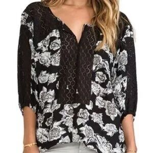 FREE PEOPLE Moon River Blouse black Floral Boho Lace Tunic Top M